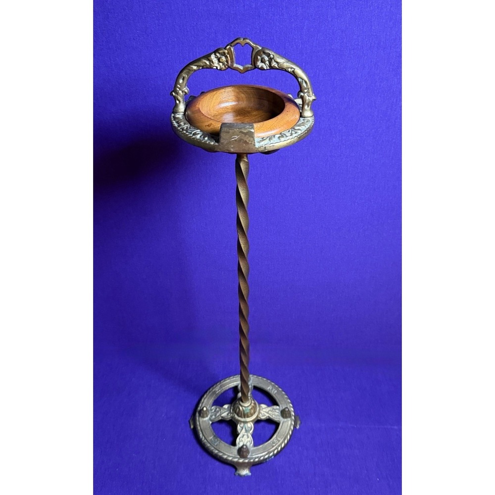 Vtg 1940s 28" Ornate Brass Ashtray Barley Twist Wood Bowl Smoker Stand STAMPED